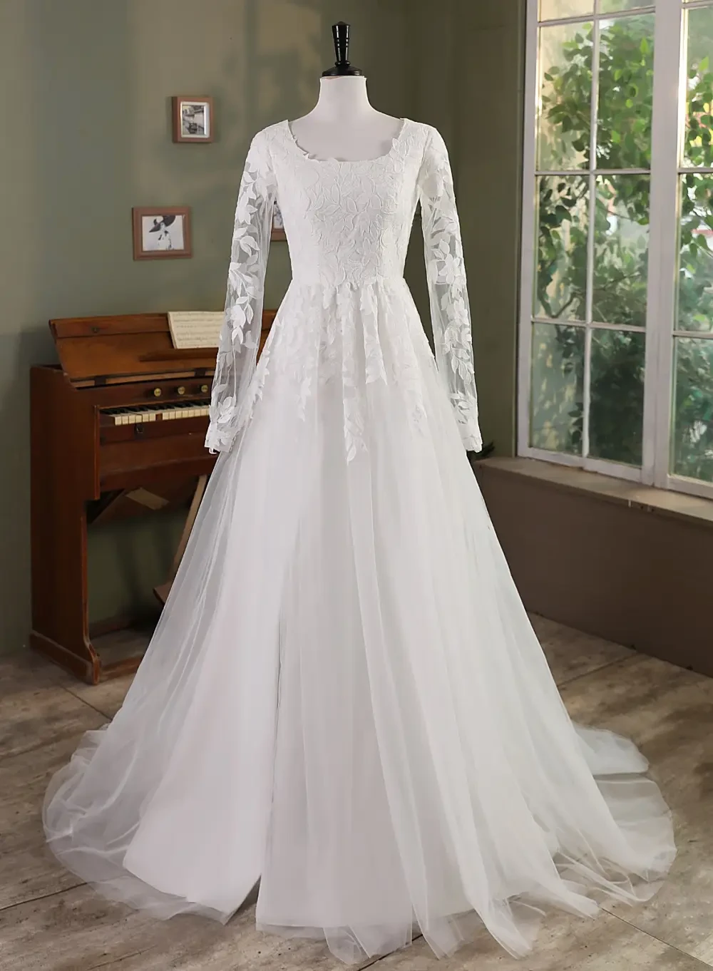 ordeable moest lace long sleeve wedding dress with high rounded neck and back fully lined kansas city